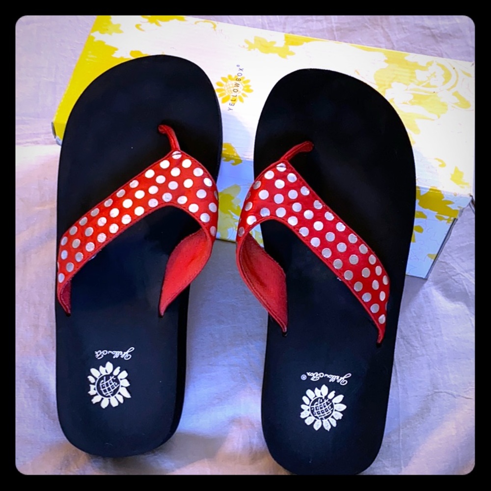 Yellow box Red with silver polka dot flip flops 8